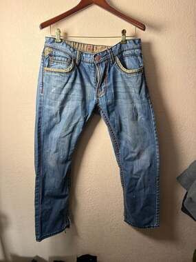 Xios Denim Premium Goods Mens W34 x L30 Distressed Straight Leg Blue Jeans